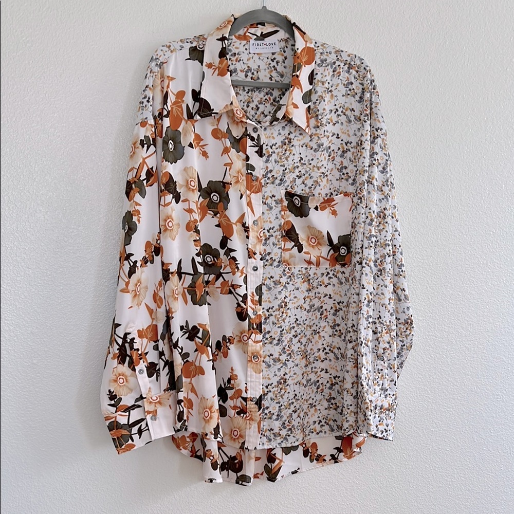 Mixed floral button down blouse, size 3X